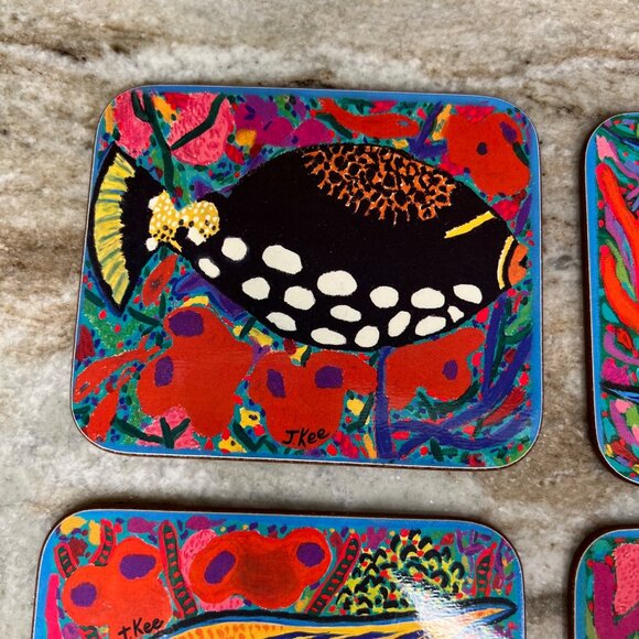 Rare VTG Jenny Kee Set Of 6 Coasters Cork Back Barrier Reef Tropical Fish - Picture 7 of 13